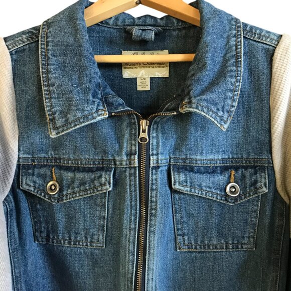 Upcycled Denim Jacket, Size M: Nature Wanderer Patches, Waffle Knit Sleeves - Picture 10 of 12